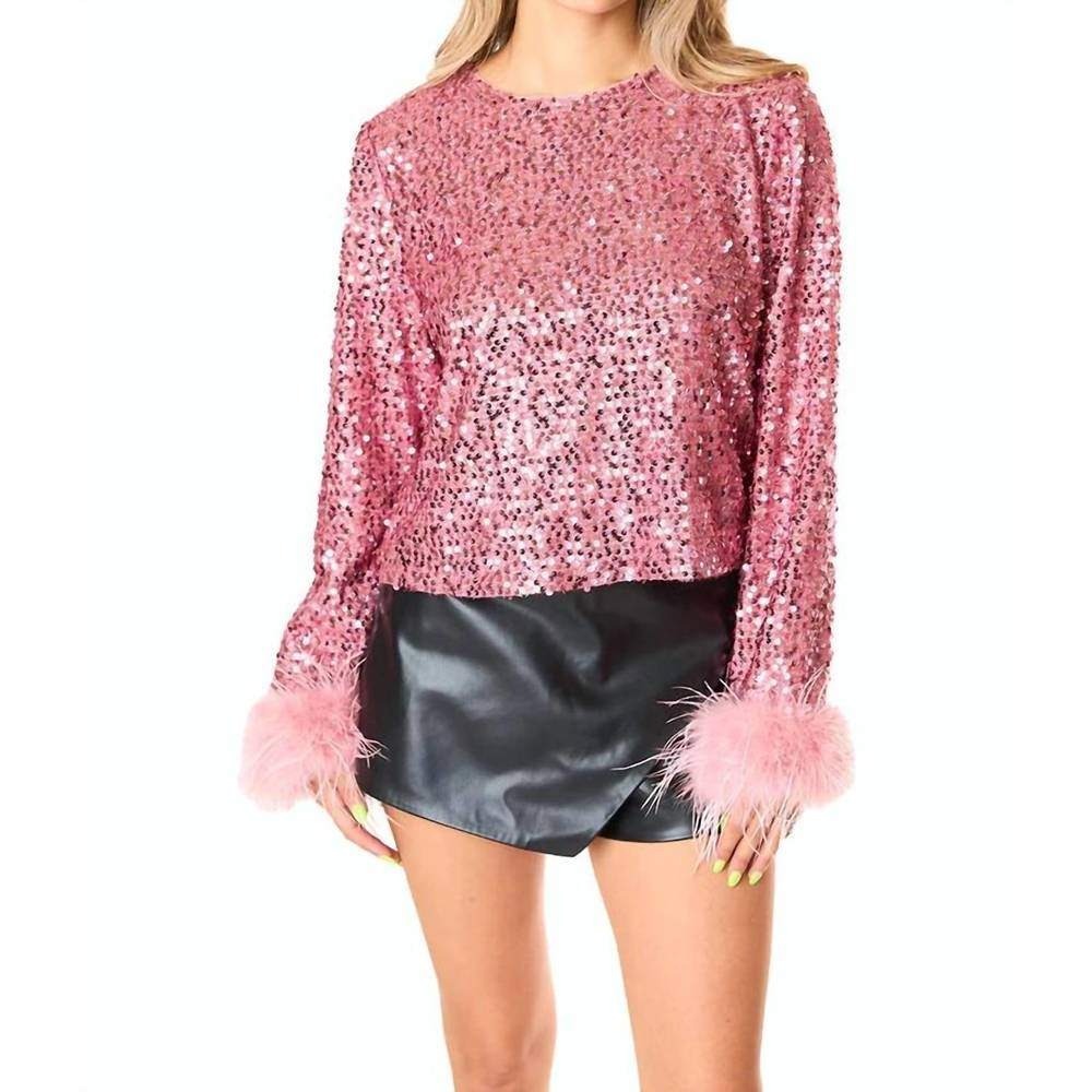 Buddy Love Parton Sequin Top Women Small Pink Feather Cuff Crop CG5561